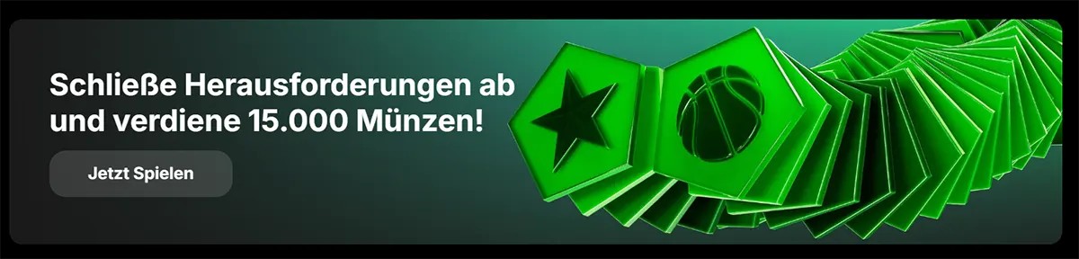 Green promotional banner reading “Complete challenges and earn 15,000 coins!” with a “Play now” button and a stack of green tokens featuring star and ball icons.