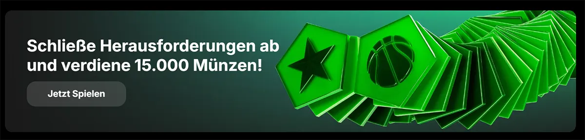Green promotional banner reading “Complete challenges and earn 15,000 coins!” with a “Play now” button and a stack of green tokens featuring star and ball icons.