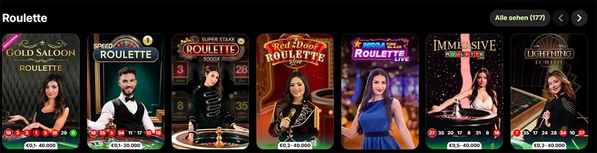 Roulette games row showing multiple live roulette tiles (e.g., Gold Saloon, Speed Roulette, Mega Fire Blaze, Immersive, Lightning) with dealers and betting limit badges.