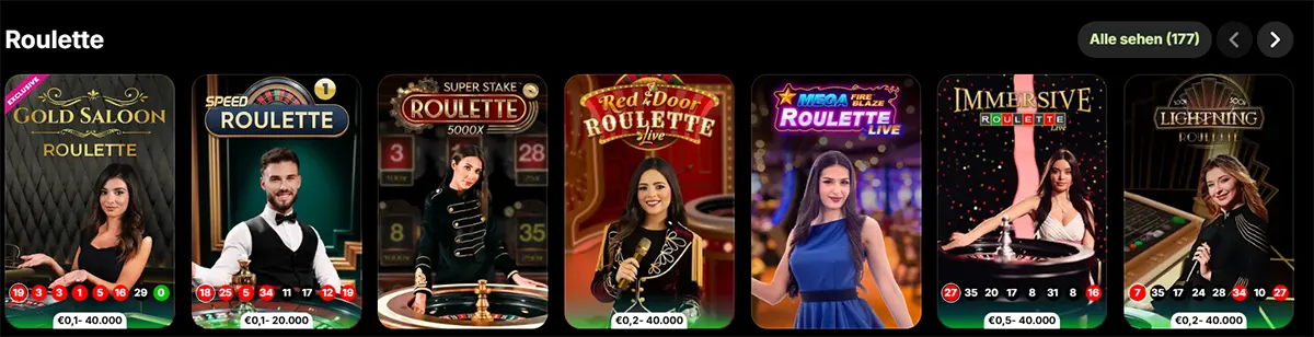 Roulette games row showing multiple live roulette tiles (e.g., Gold Saloon, Speed Roulette, Mega Fire Blaze, Immersive, Lightning) with dealers and betting limit badges.