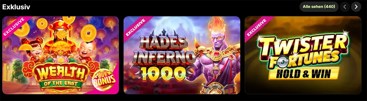 Exclusive slots row showing three game tiles: “Wealth of the East”, “Hades Inferno 1000”, and “Twister Fortunes Hold & Win”, each marked with an “Exclusive” badge.