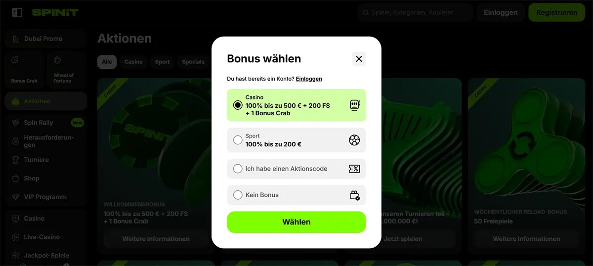 SPINIT “Choose bonus” modal with the casino welcome bonus selected (100% up to €500 + 200 free spins + 1 Bonus Crab), plus options for sports bonus, promo code, or no bonus, and a green “Choose” button.